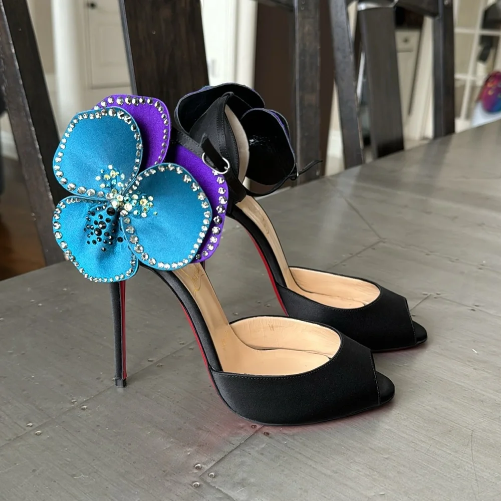 Christian Louboutin pensamoi black satin crystal peep toe stiletto RARE sz 38